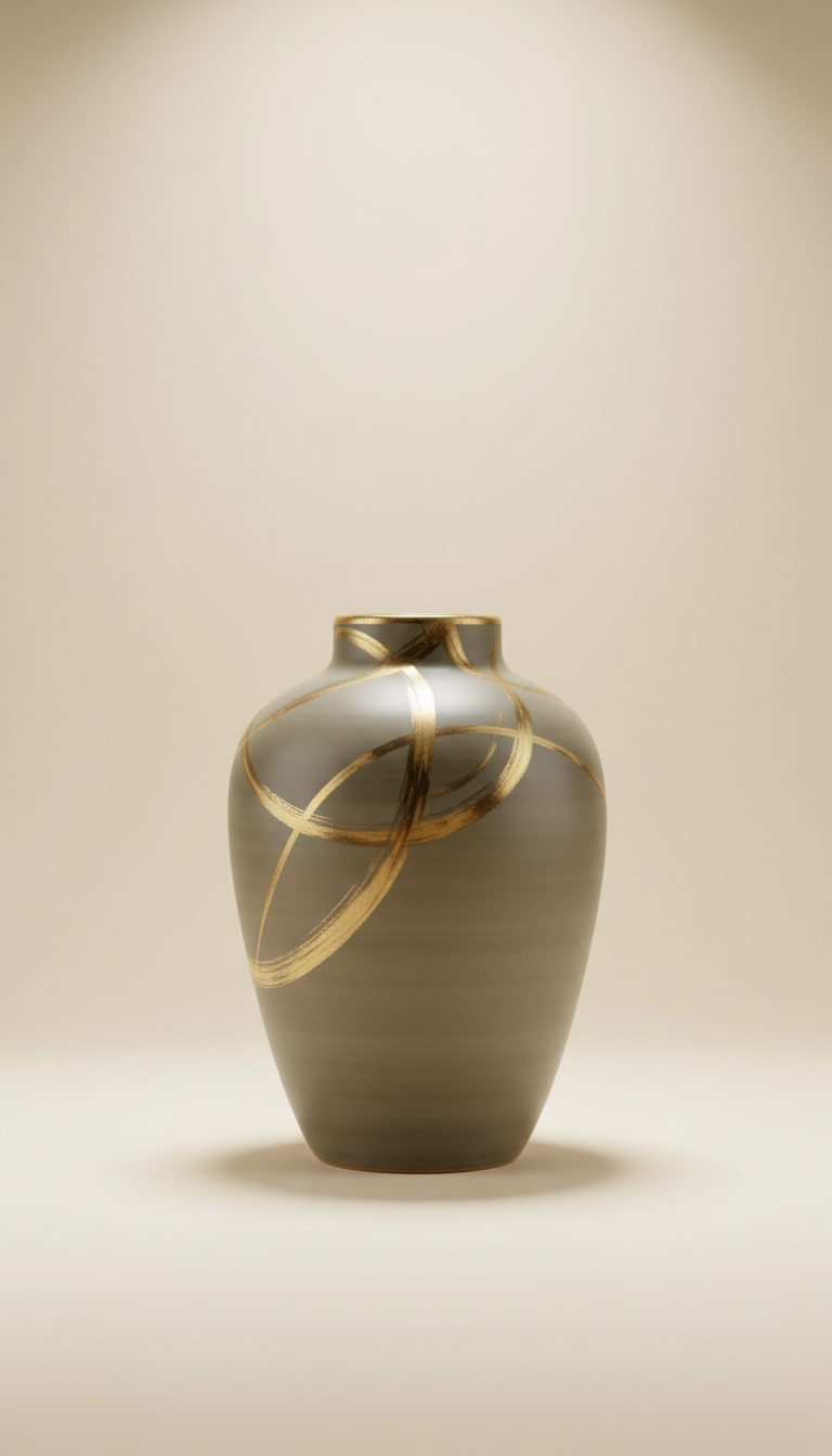 Olive Grey Ceramic Vase with Gold Calligraphic Rim